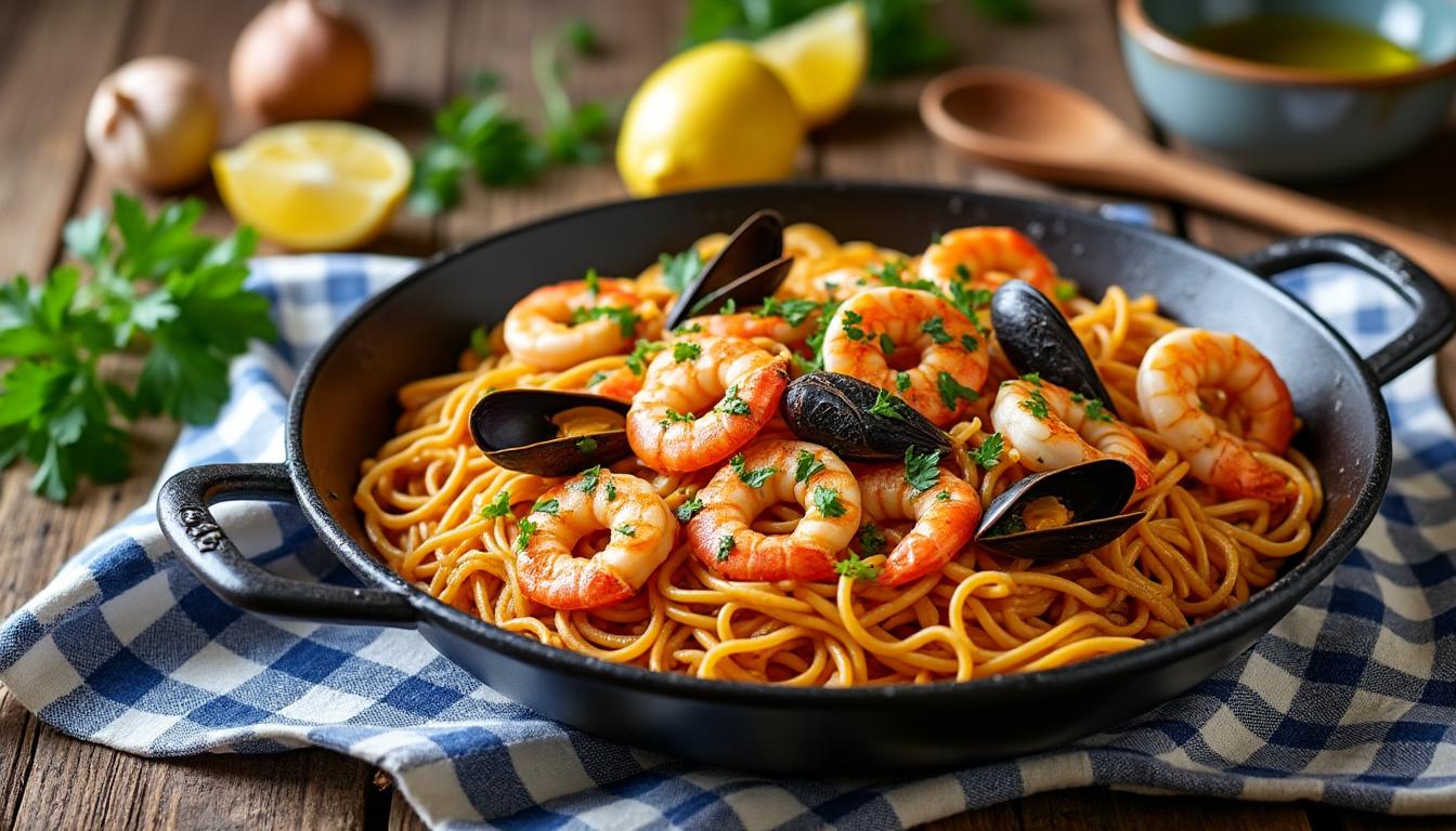 découvrez la recette traditionnelle de la fideuà valenciana, un plat typique espagnol à base de pâtes, fruits de mer et saveurs méditerranéennes délicieuses.