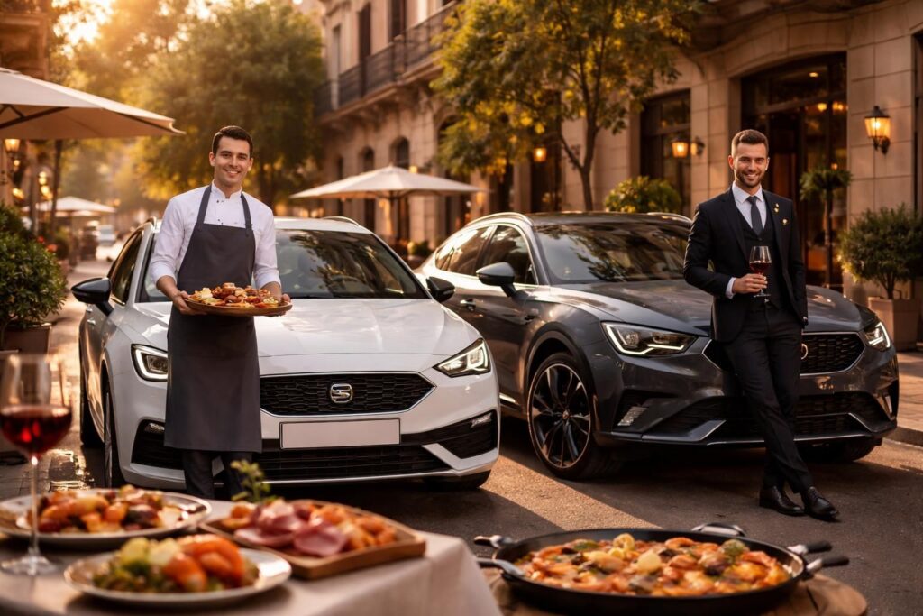 profitez d'un transport haut de gamme pour découvrir la gastronomie espagnole avec nos chauffeurs gourmets, à bord de véhicules seat leon et cupra formentor alliant confort et élégance.